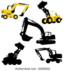 Silhouette of the bulldozers and excavators. Construction