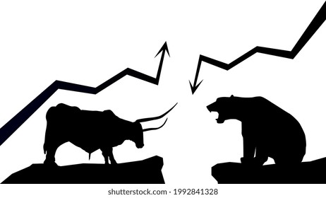 Silhouette Bullish Trend Versus Bearish Trend With Up And Down Arrows On White Background. Bull And Bear On Rock Opposite Each Other. Vector Illustration.