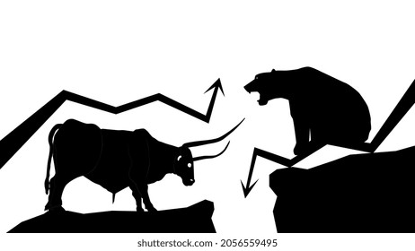 La tendencia alcista de la silueta frente a la tendencia bajista con flechas arriba y abajo sobre fondo blanco. Toro y oso sobre roca uno frente al otro. El oso se sienta en la flecha hacia abajo. Ilustración vectorial.