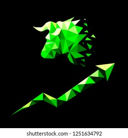 Silhouette of bulls head and growing graf in low poly style. Bullish market trend concept. Vector 10 eps illustration. Isolated on black background.
