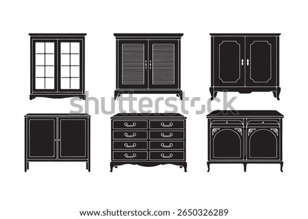 Silhouette bundle art illustration of six vintage cabinets