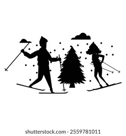 Silhouette Bundle of Skiing Activities on Snowy Slopes