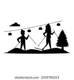 Silhouette Bundle of Skiing Activities on Snowy Slopes