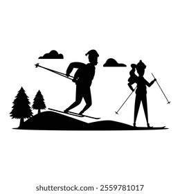 Silhouette Bundle of Skiing Activities on Snowy Slopes