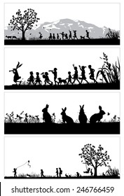 Silhouette of bunny and children in the park, vector