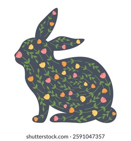 Silhouette of a bunny decorated with flowers, tulips and greenery for Easter. For decoration, for printing, for greeting cards