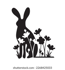 Silhouette of bunny with flowers. Happy Easter banner, poster, postcard, greeting card. Trendy Easter design with typography, bunnies, flowers, eggs, bunny ears
