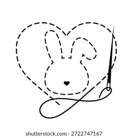 Silhouette aus Hase oder Hasenkopf und Herz mit unterbrochener Kontur. Kopienraum Tier Vektorgrafik von handgemachten Arbeit mit Stickgarn und Nähnadel auf weißem Hintergrund.	