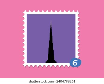 Silhouette Burj khalifa tower postal  stamp vector illustration