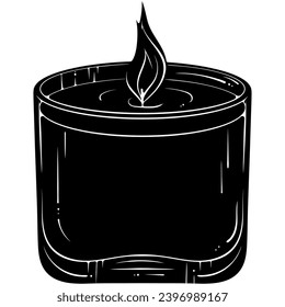 Silhouette of a burning aroma candle in a glass jar. Vector illustrations in hand drawn style isolated on white. Black ink spot graphic. Close up aromatherapy design element.