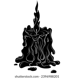 Silhouette of a burning melted candle with flowing wax. Candle stub close up design element. Vector illustrations in hand drawn style isolated on white. Black ink spot graphic.
