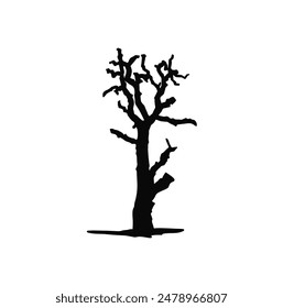 Silhouette of a burnt dry damaged tree trunk. black