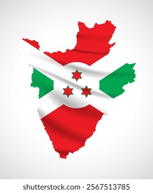 Silhouette of Burundi map filled with the Burundian flag design, symbolizing national pride, cultural heritage, and geographic identity.  
