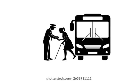 Silhouette: Bus Driver Assisting Passenger with Cane