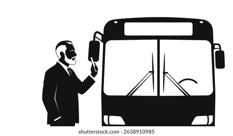 Silhouette: Bus Driver Checking Rearview Mirror Before Departure