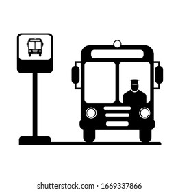 Silhouette of bus with a driver at the stop sign. Logo, icon, symbol. Simple vector illustration.