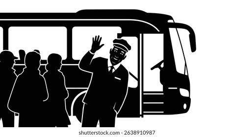 Silhouette: Bus Driver Waving to Passengers, Opening Door