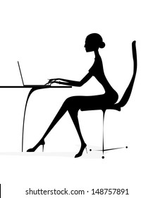 silhouette business girl woman laptop notebook vector