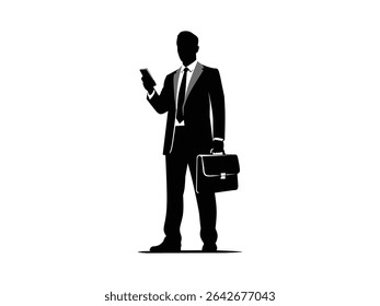 Silhouette of business man with briefcase isolated with white background	