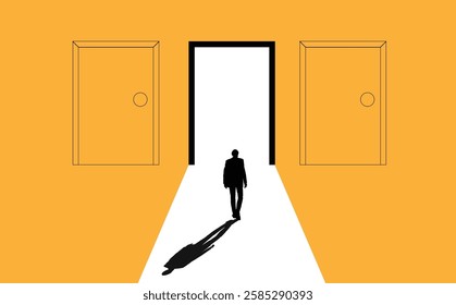 Silhouette of Business Man Entering an Open Door. Right of choice and way to success at work concept vector art
