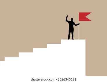 Silhouette of Business Man with Flag on Top of Career Steps. Achievements at work, people and competition winner vector art