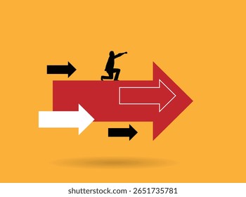 Silhouette of Business Man Flying Forward on Arrows. People and white collar workers, work and activity vector art