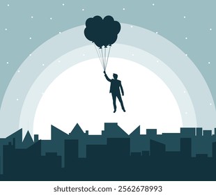 Silhouette of a Business Man Flying over City on Balloons. Success at work and being ahead of competition concept vector art