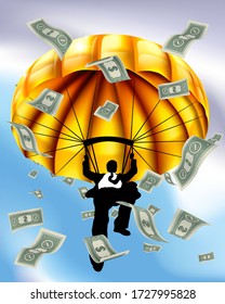 A silhouette business man with a golden parachute with lots of cash dollar bills falling around him.