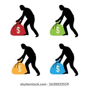 Silhouette of Business Man Grabbing a Bag Full of Money Different Colors. Finances, getting paid, earning profit and salary vector art. People and activities
