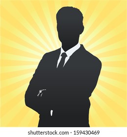 Silhouette of business man with his arms crossed. Vector design.