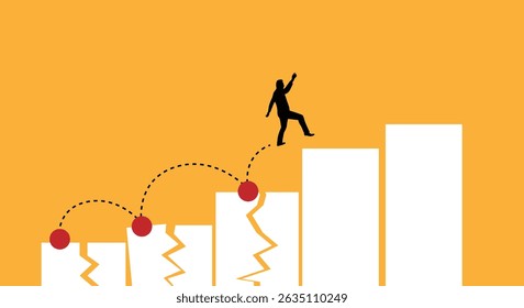 Silhouette of Business Man Jumping on Broken Sales Graph. People and trading activity, failure at exchange market vector art