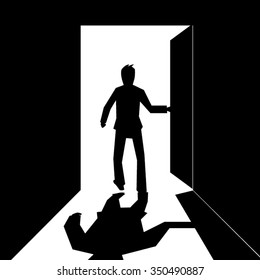 silhouette of a business man open and walking out  the door-black and white vector