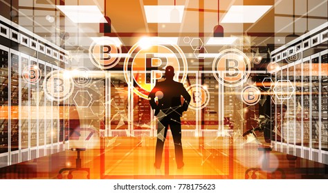 Silhouette Business Man Point Finger To Bitcoin Crypto Currency Concept Digital Web Money Technology Vector Illustration