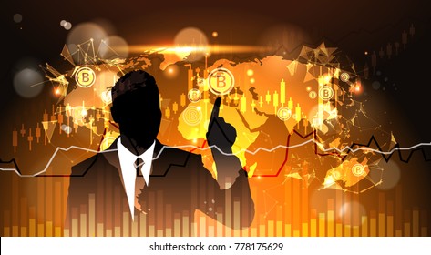 Silhouette Business Man Point Finger To Bitcoin Over World Map Crypto Currency Concept Digital Web Money Technology Vector Illustration