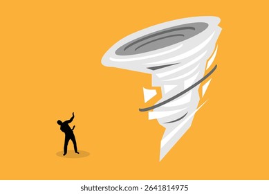 Silhouette of Business Man Protecting Himself from a Whirlwind Tornado. Accidents at white collar work and dangerous weather calamities vector art