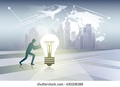 Silhouette Business Man Pushing Light Bulb New Idea Concept Over World Map Background Vector Illustration