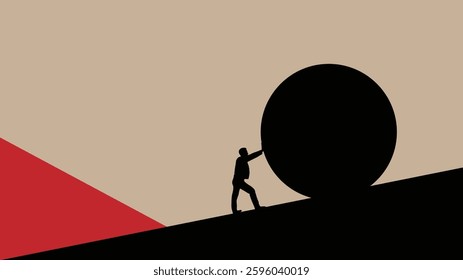 Silhouette of Business Man Pushing Round Stone Uphill. Hard work for a CEO, company owner or white collar worker