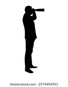 Silhouette of a Business Man with Spyglass Isolated on White. People, work and activities concept vector art