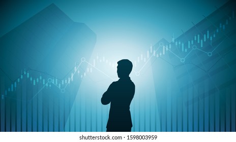 Silhouette business man standing looking at office building and graph in stock market on blue color background