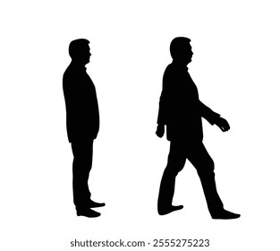 Silhouette of Business Man Standing and Walking Side View. People going to work and other everyday activities vector art