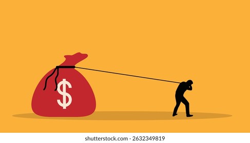 Silhueta de um homem de negócios tentando puxar um saco de dinheiro grande. Moeda de negociação, poupança e conceito de economia mundial vetor arte