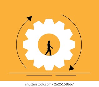 Silhouette of Business Man Walking inside Gear Cogwheel. Company CEO leader starting a new activity, being persistent and professional vector art