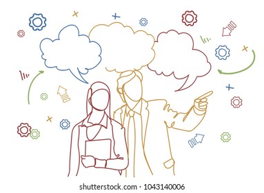 Silhouette Business Man And Woman Hand Gesturing Speaking Over Doodle Background Meeting Discussion Concept Vector Illustration