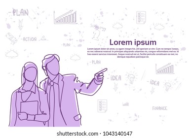 Silhouette Business Man And Woman Over Abstract Sketch Background, Businessman Point Finger Vector Illustration
