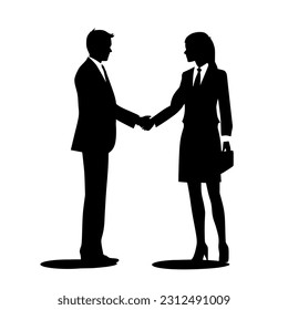 silhouette of business man and woman shaking hands isolated on white 