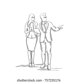 Silhouette Business Man and Woman Talking, Businessman Point Finger To Copy Space Sketch Businesspeople Couple Vector Illustration