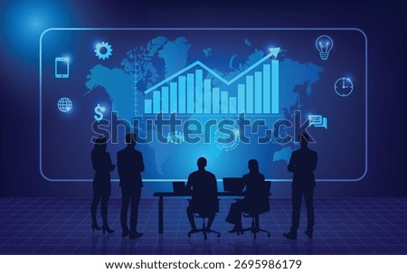 Silhouette of business people analyzing data on futuristic digital dashboard with global map, graphs, and technology icons. Concept of analytics, teamwork, and innovation.