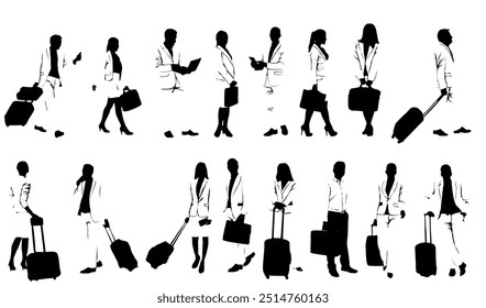silhouette of business people with luggage full isolated