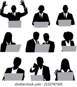 Silhouette Business People, Men And Women, With Laptop On The Online Conference, Meeting, Remote Work. Vector Icons Isolated On The White Background.