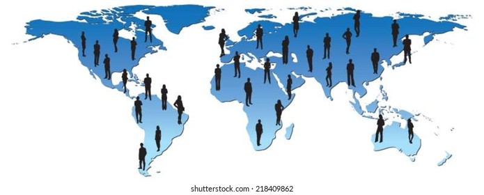 Silhouette business people on world map against white background. Vector image